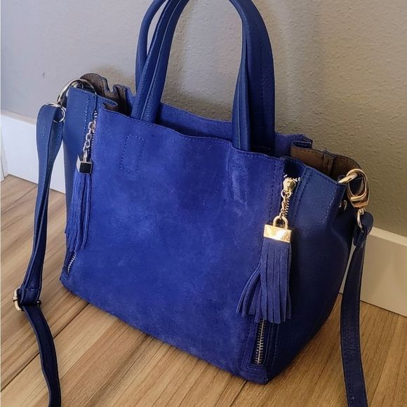 INZI Handbags - INZI Canada Faux Leather Suede Expandable Caryall Crossbody Satchel Cobalt Blue